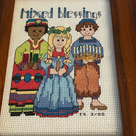 Vintage Framed Cross Stitch Mixed Blessings Cultural Diversity Holiday 9.5x7.5 - Picture 2 of 6